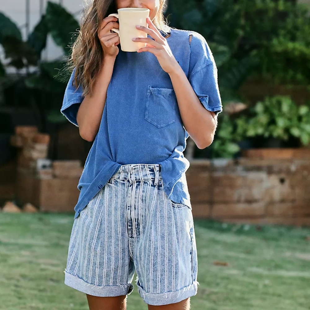 We The FREE PEOPLE Rubi tee ripped distressed destroyed holey t-shirt blue NWT S